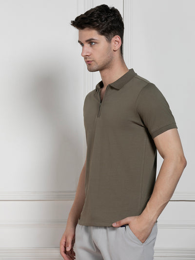 Men's Olive Polo Collar Solid Regular Fit T-Shirt