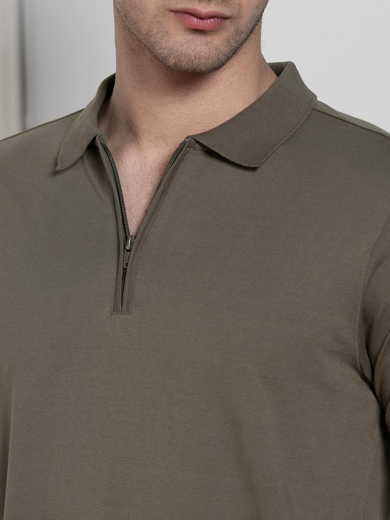 Men's Olive Polo Collar Solid Regular Fit T-Shirt