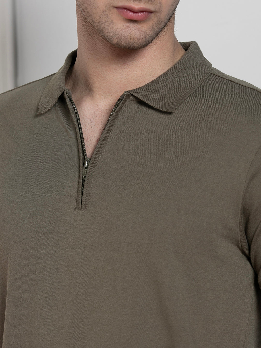Men's Olive Polo Collar Solid Regular Fit T-Shirt