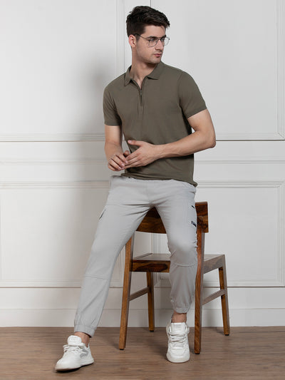 Men's Olive Polo Collar Solid Regular Fit T-Shirt