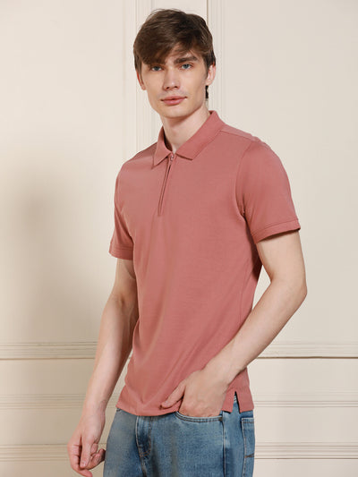 Men's Pink Solid Polo Collar Half Sleeves Casual T-Shirt