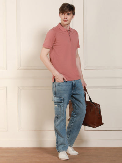 Men's Pink Solid Polo Collar Half Sleeves Casual T-Shirt