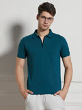 Dennis Lingo Men Teal Cotton Poly Regular Fit Textured Stripes Polo T-Shirt