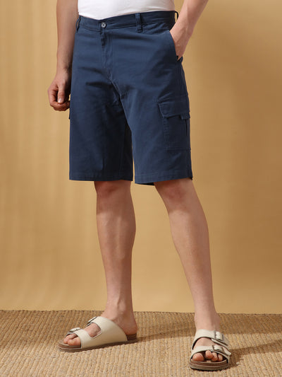 Men's Dark Blue Solid Casual Cargo Shorts