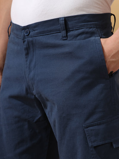 Men's Dark Blue Solid Casual Cargo Shorts