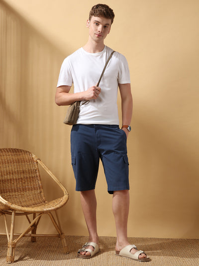 Men's Dark Blue Solid Casual Cargo Shorts