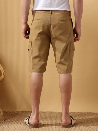 Men's Khaki Solid Casual Cargo Shorts