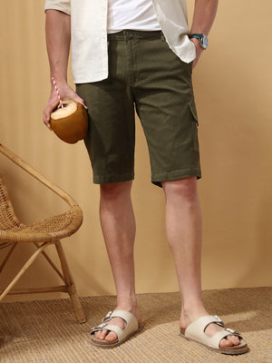 Men's Olive Solid Casual Cargo Shorts