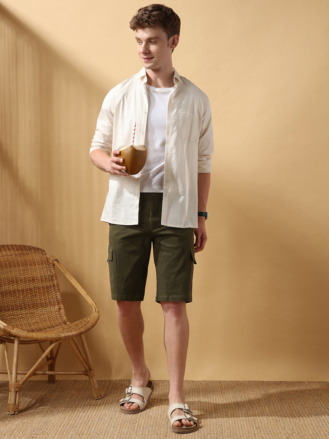Men's Olive Solid Casual Cargo Shorts