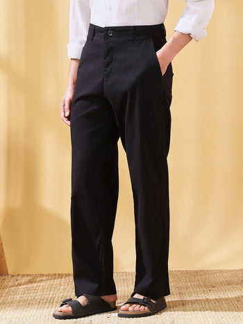 Men Black Striped Straight Fit Chinos Trousers