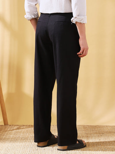 Men Black Striped Straight Fit Chinos Trousers
