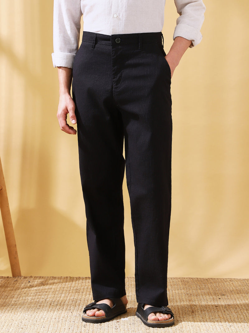 Men Black Striped Straight Fit Chinos Trousers