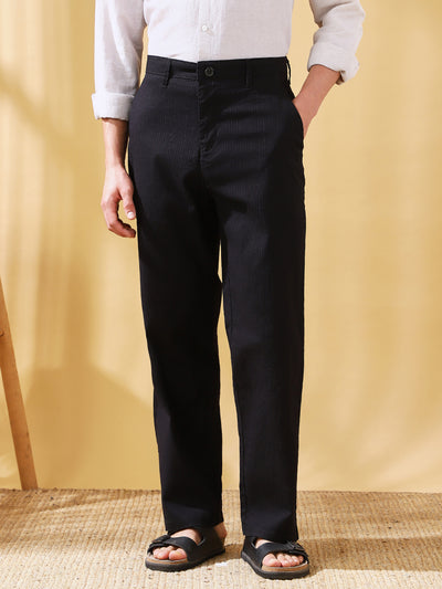 Men Black Striped Straight Fit Chinos Trousers