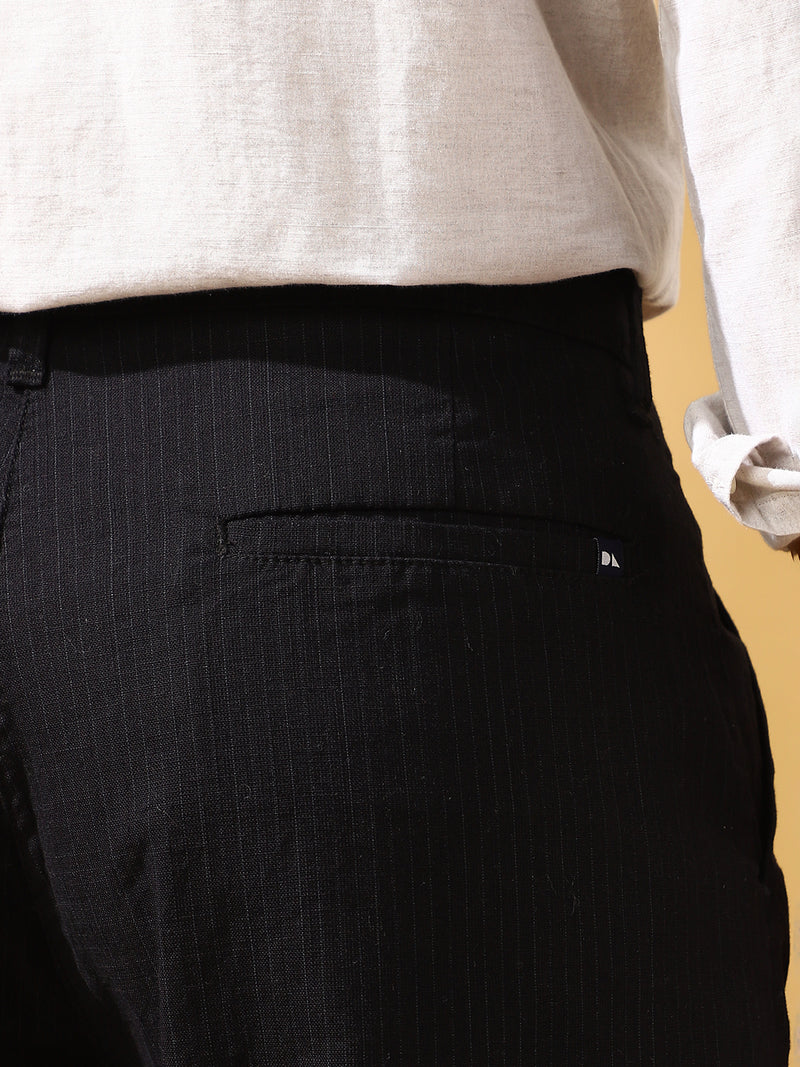 Men Black Striped Straight Fit Chinos Trousers