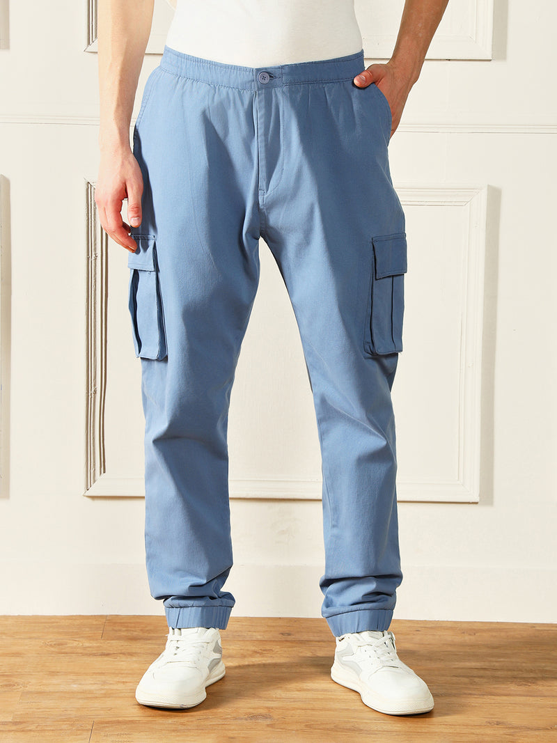 Men's Steel Blue Solid Casual Trouser