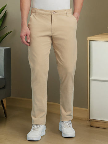 Men Beige Solid Straight Fit Chinos Trousers