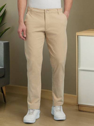Men Beige Solid Straight Fit Chinos Trousers