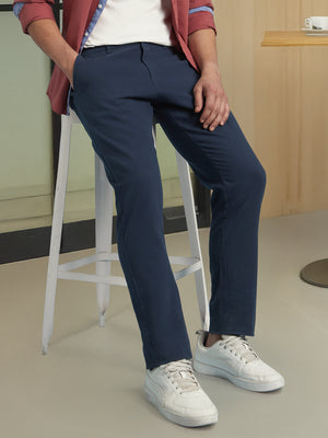 Men Dark Blue Solid Straight Fit Chinos Trousers