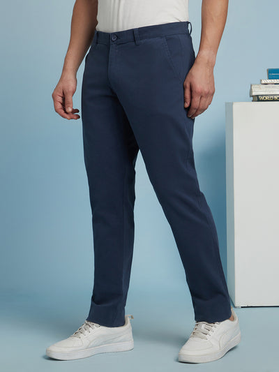 Men Dark Blue Solid Straight Fit Chinos Trousers