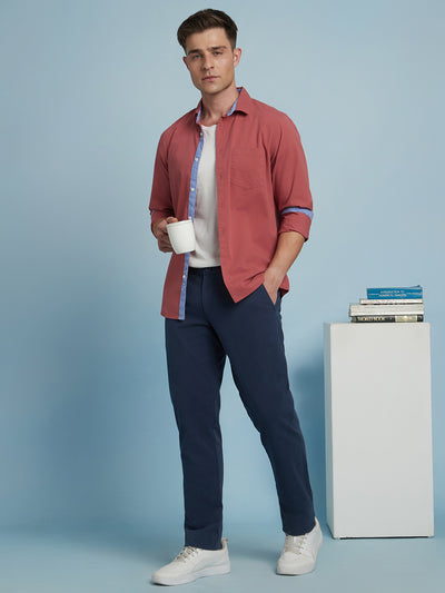 Men Dark Blue Solid Straight Fit Chinos Trousers