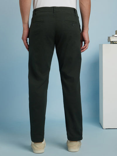 Men Olive Solid Straight Fit Chinos Trousers