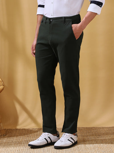 Men Olive Solid Straight Fit Chinos