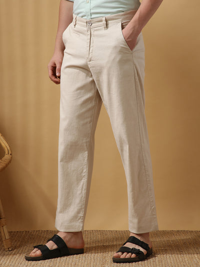Men's Solid Cotton Slub Straight Fit Casual Trouser
