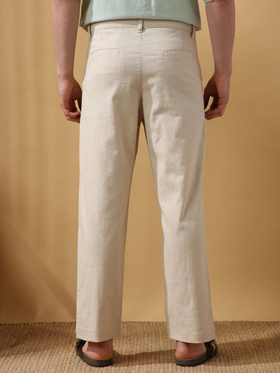 Men's Solid Cotton Slub Straight Fit Casual Trouser