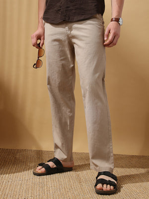 Men's Solid Cotton Slub Straight Fit Casual Trouser