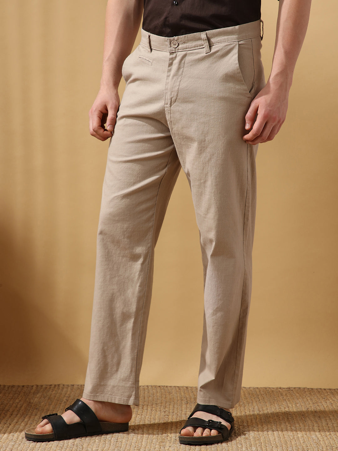 Men's Solid Cotton Slub Straight Fit Casual Trouser