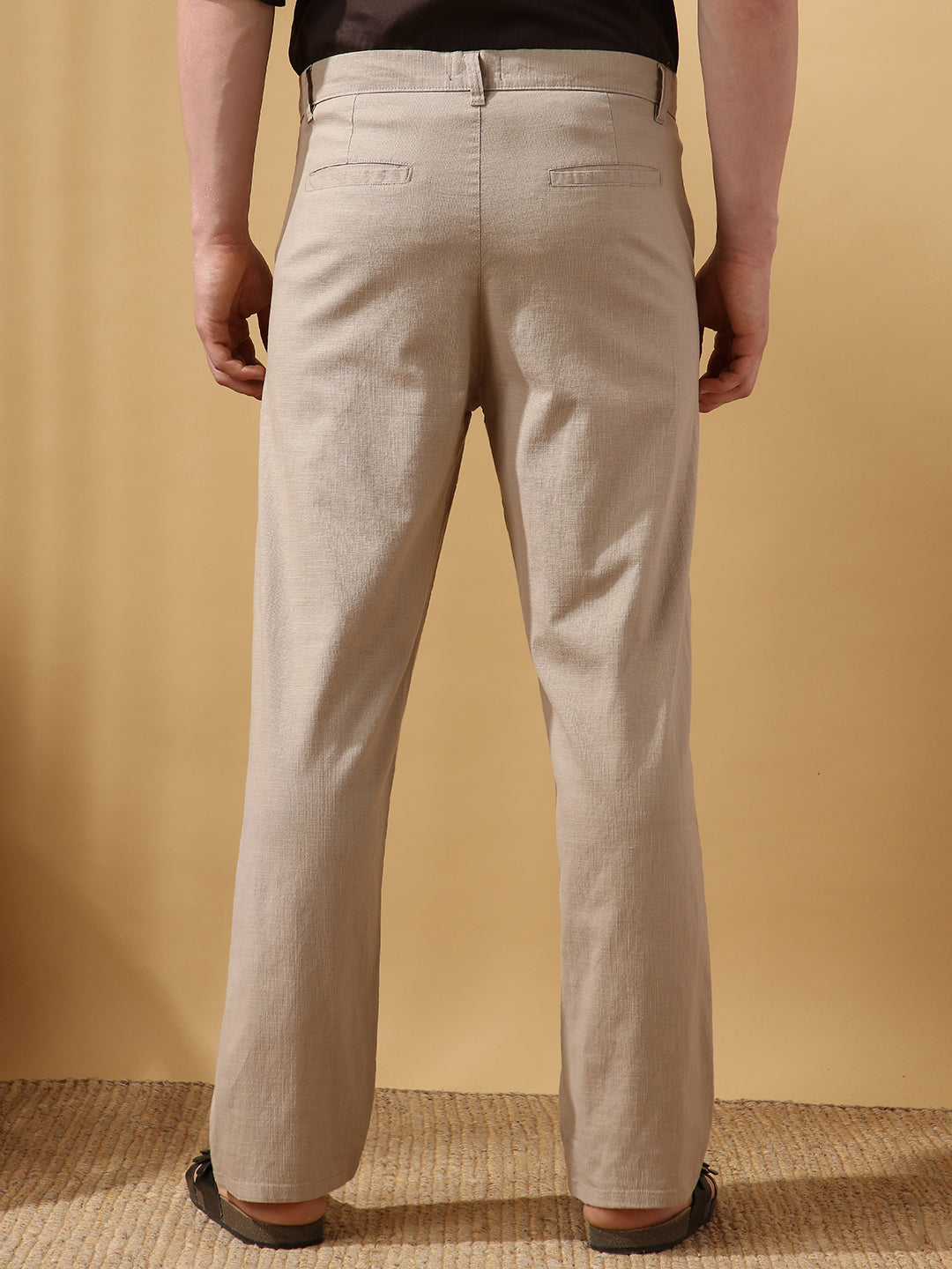 Men's Solid Cotton Slub Straight Fit Casual Trouser