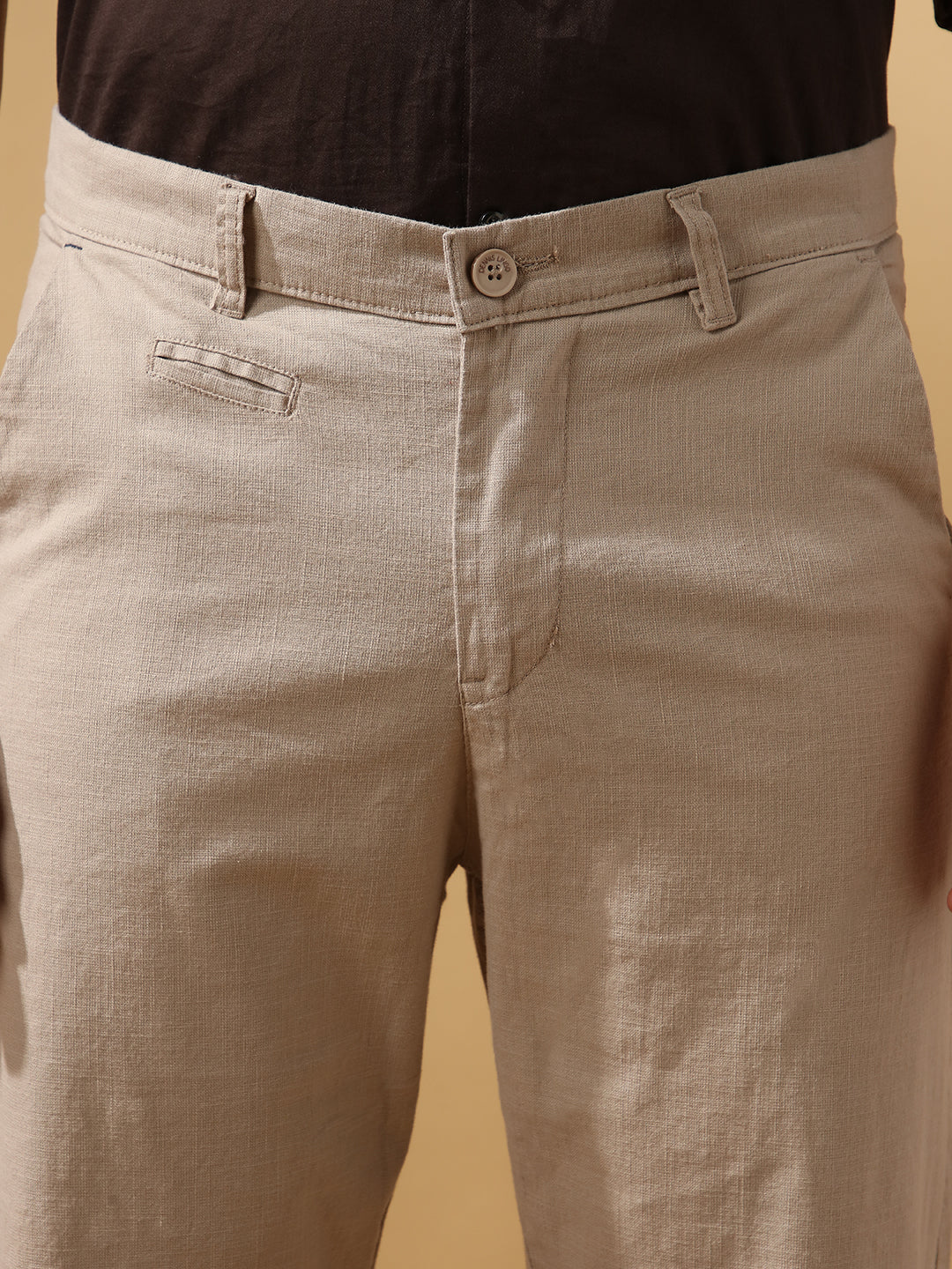 Men's Solid Cotton Slub Straight Fit Casual Trouser