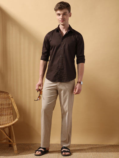 Men's Solid Cotton Slub Straight Fit Casual Trouser