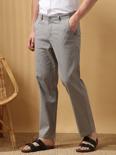 Men's Solid Cotton Slub Straight Fit Casual Trouser