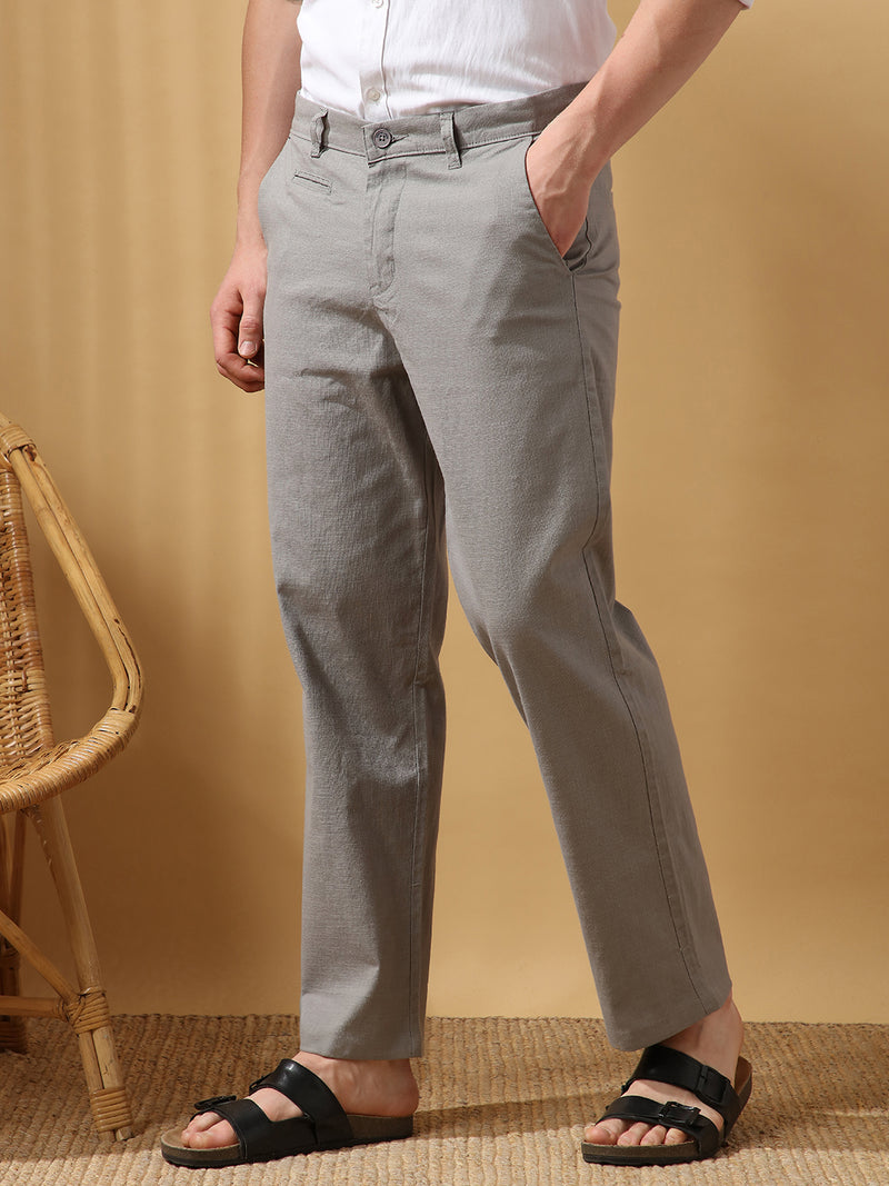 Men's Solid Cotton Slub Straight Fit Casual Trouser