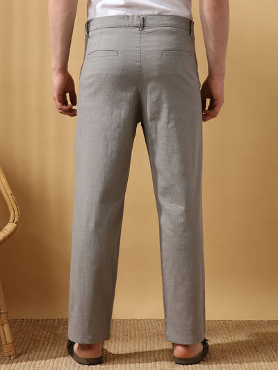 Men's Solid Cotton Slub Straight Fit Casual Trouser