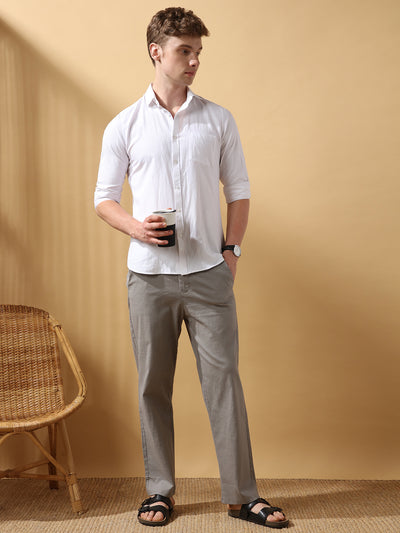 Men's Solid Cotton Slub Straight Fit Casual Trouser