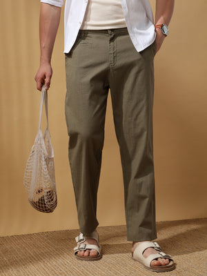 Men's Solid Cotton Slub Straight Fit Casual Trouser