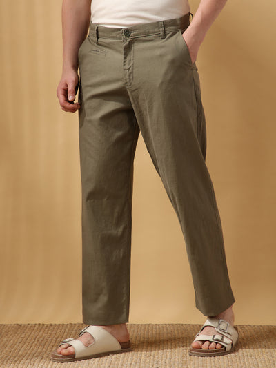 Men's Solid Cotton Slub Straight Fit Casual Trouser