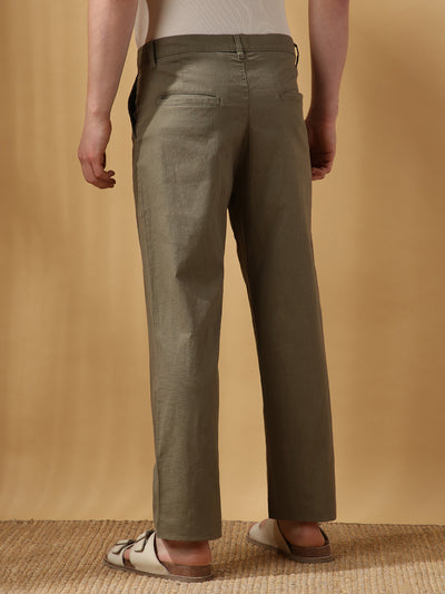 Men's Solid Cotton Slub Straight Fit Casual Trouser
