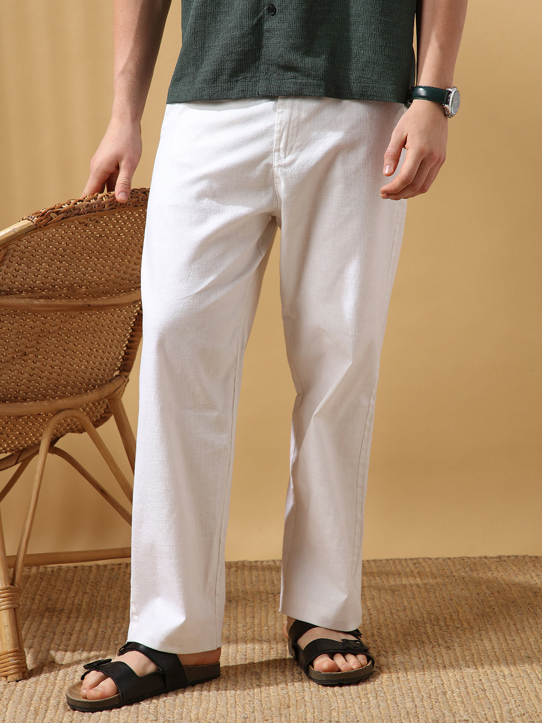 Men's Solid Cotton Slub Straight Fit Casual Trouser