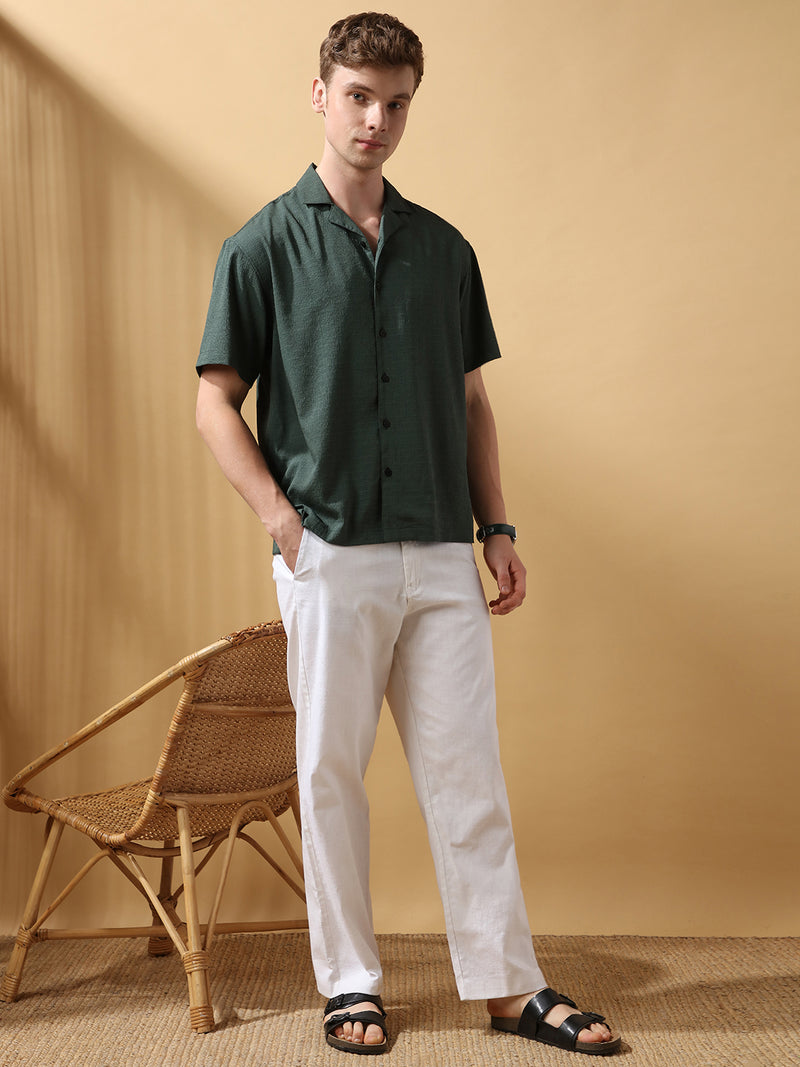 Men's Solid Cotton Slub Straight Fit Casual Trouser