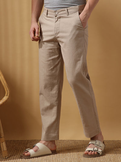 Men's Solid Cotton Slub Relaxed Fit Casual Trouser