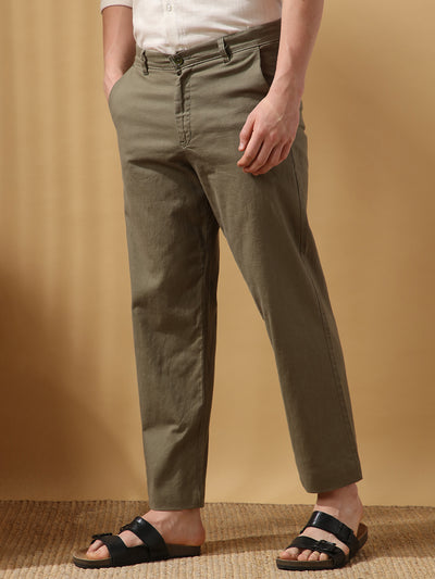 Men's Solid Cotton Slub Relaxed Fit Casual Trouser