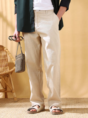 Men Beige Striped Straight Fit Chinos Trousers