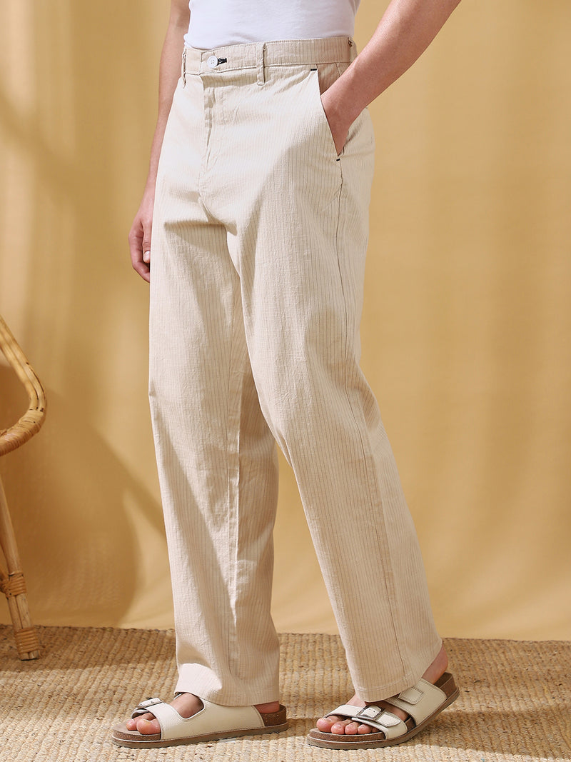 Men Beige Striped Straight Fit Chinos Trousers