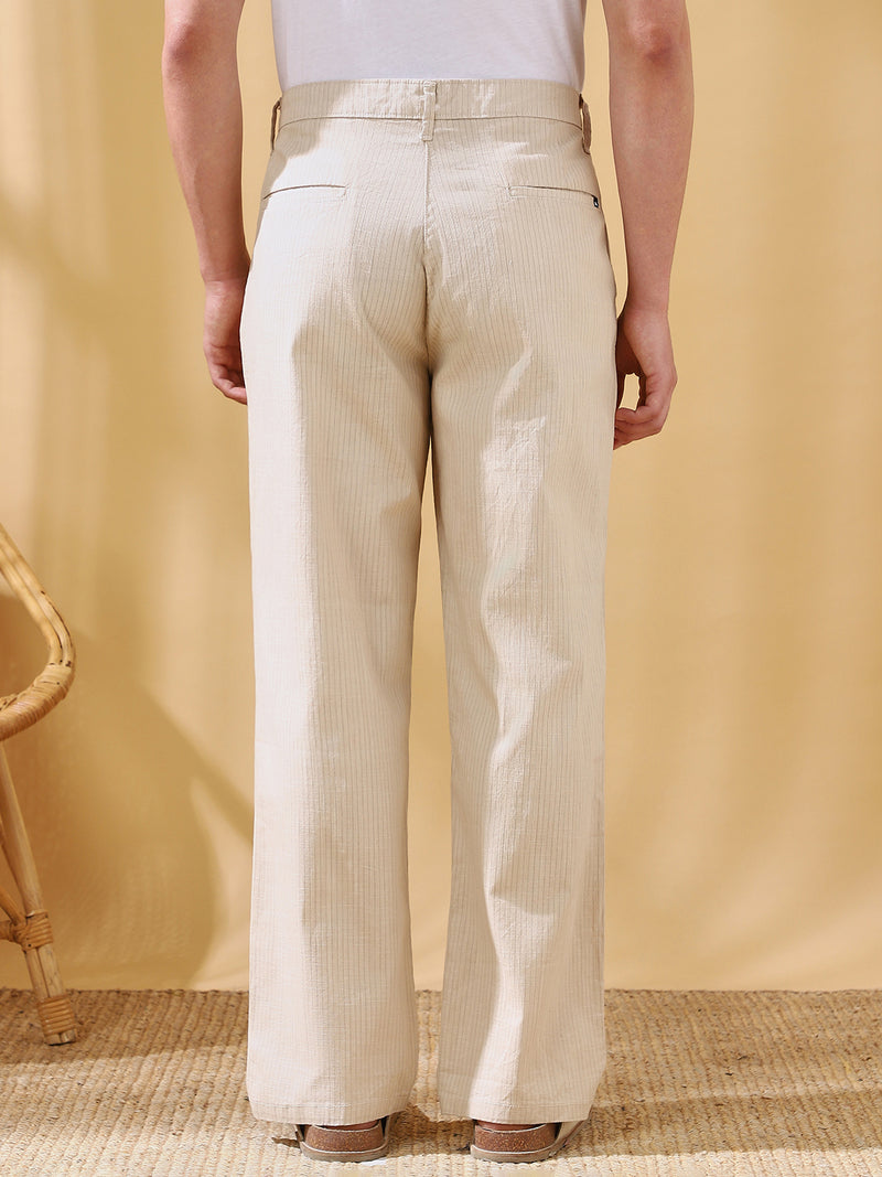 Men Beige Striped Straight Fit Chinos Trousers