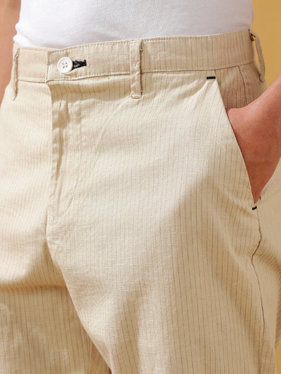 Men Beige Striped Straight Fit Chinos Trousers
