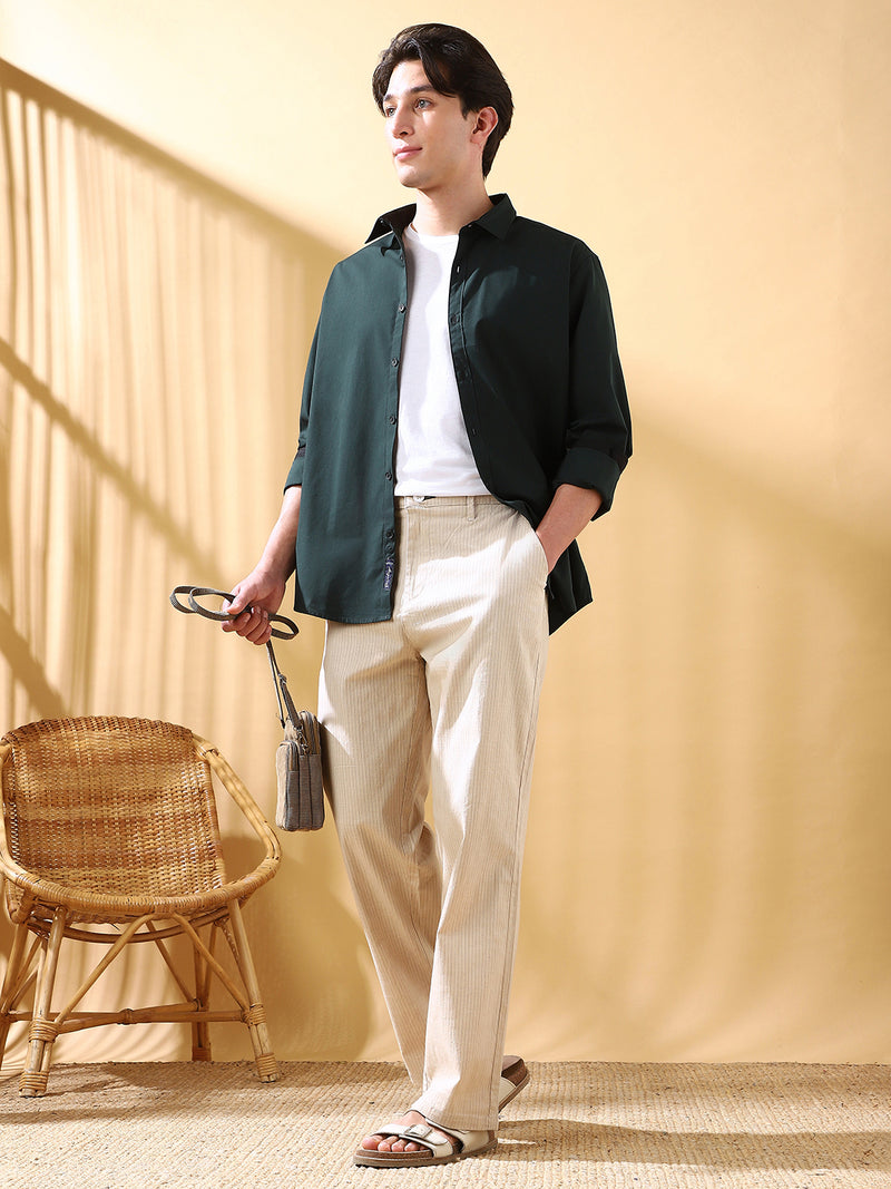 Men Beige Striped Straight Fit Chinos Trousers