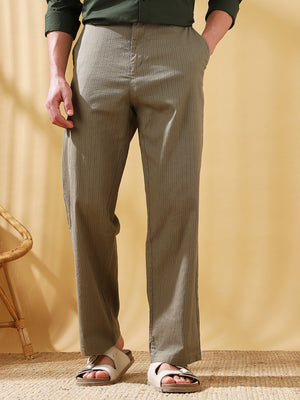 Men Olive Striped Straight Fit Chinos Trousers